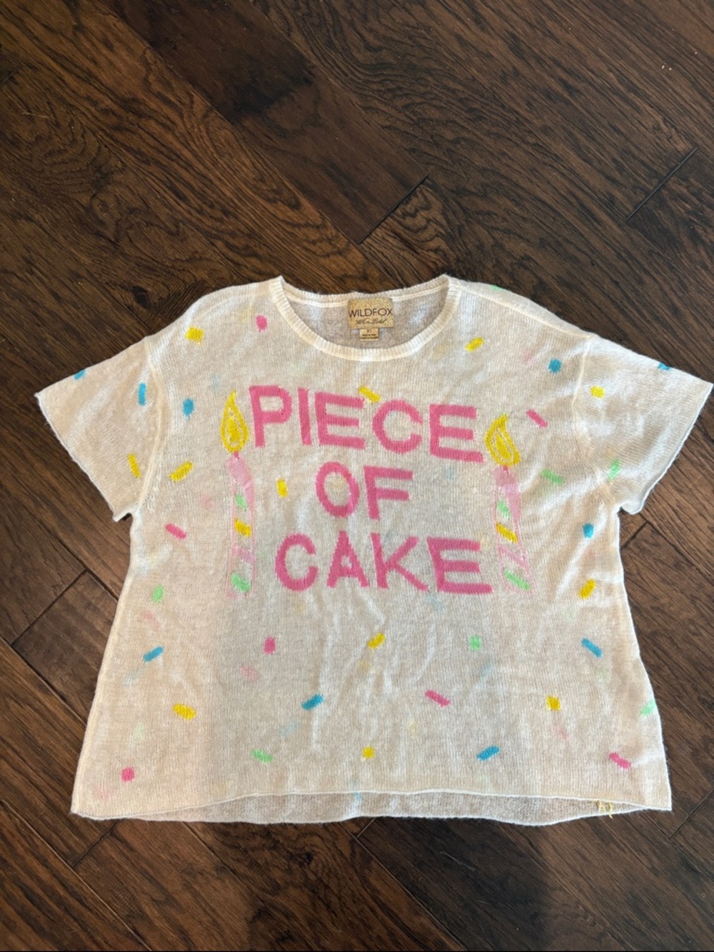 Wildfox White Tee Sweater with Pink "Piece of Cake" Lettering